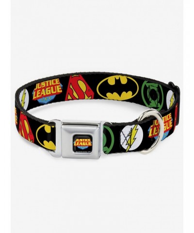 DC Comics Justice League Superhero Logos Close Up Black Seatbelt Buckle Dog Collar $12.45 Pet Collars